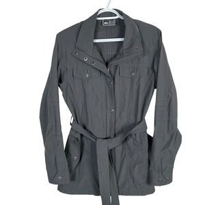 REI Co-Op La Selva Rain Jacket Womens M Gray Belted Zip & Snap‎ Nylon Pockets